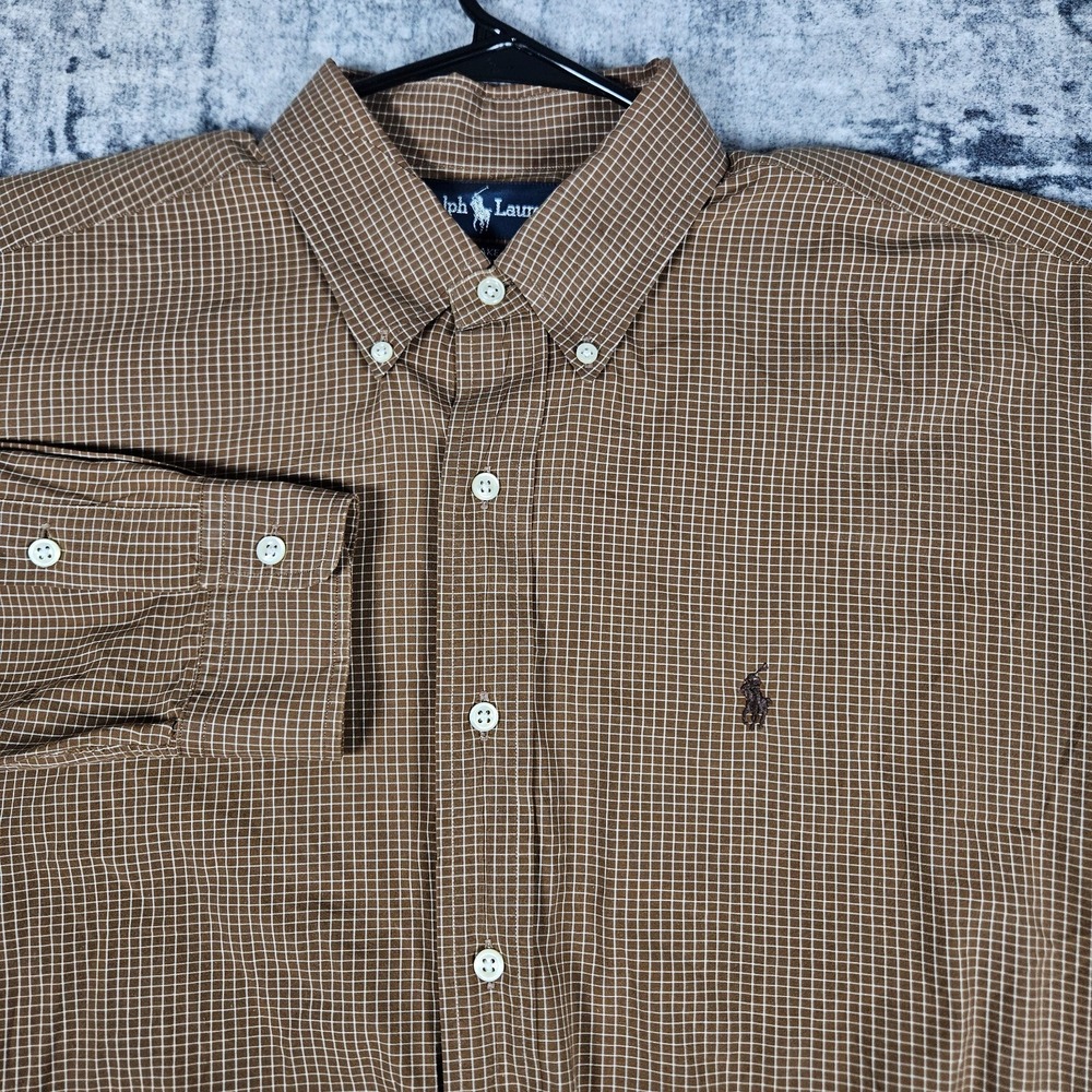 Vintage Ralph Lauren Shirt Mens L Brown Check Long Sleeve Button Up Blake Cotton